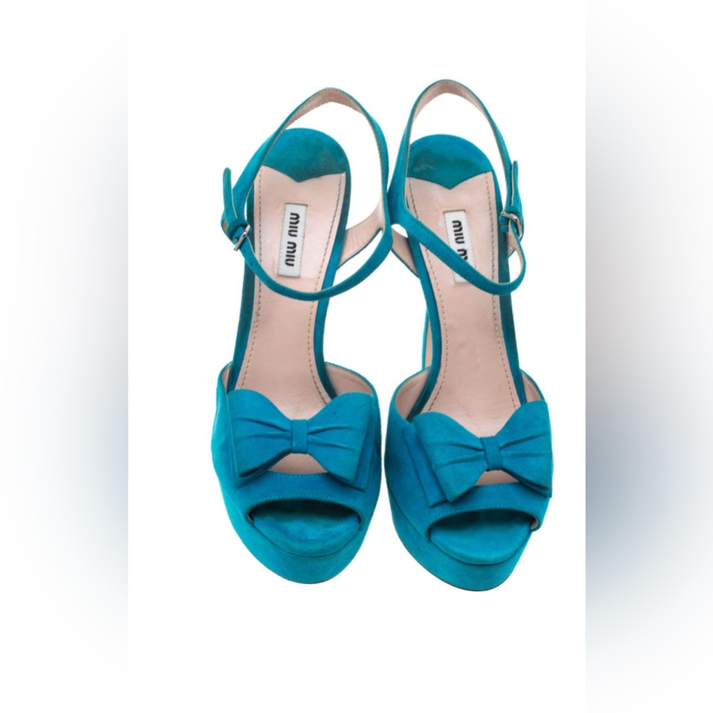 Miu Miu Turquoise Blue Suede Heeled Sandals with Bow 38.5 fits like 8 us
